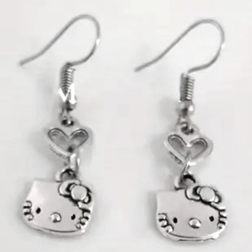Sanrio Hello Kitty Earrings Love Heart Dangle Silver Cute Goth Emo Scene Gift 17$